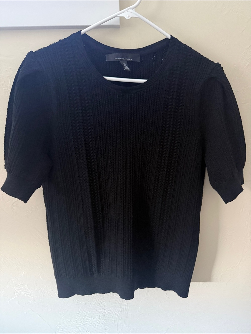 White House Black Market Black Knit Puff-Sleeve Short Sleeve Top